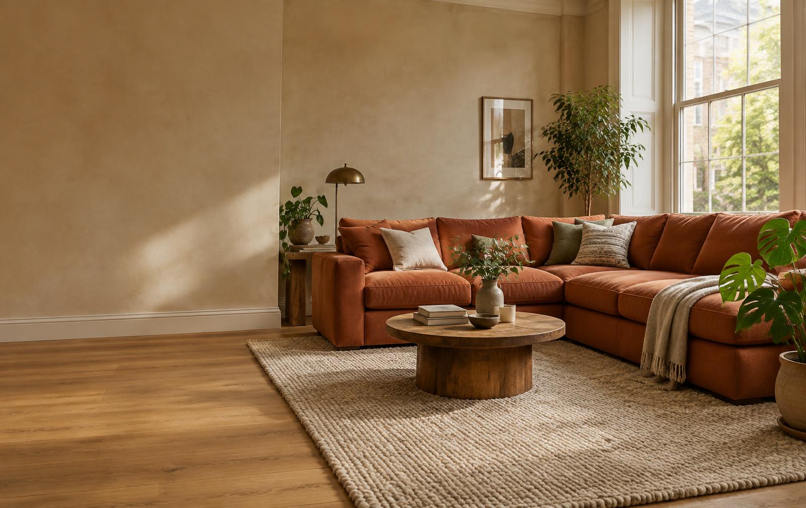 Corner sofa in terracotta in a bright living room